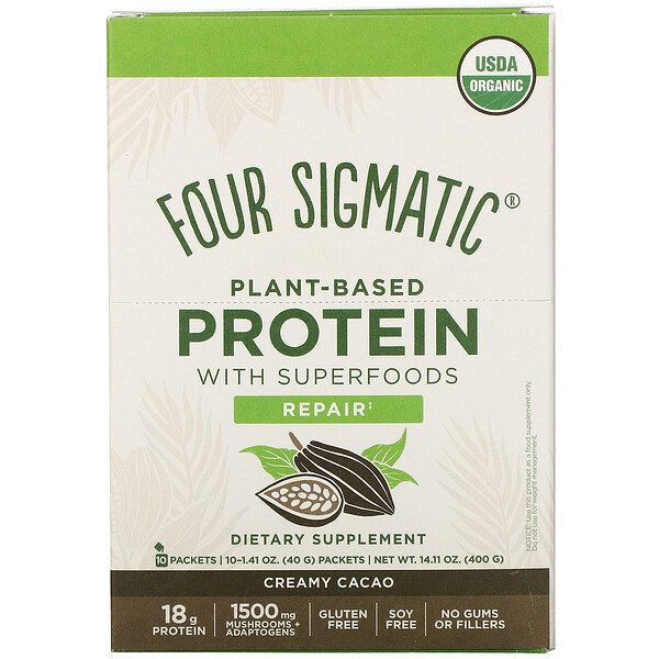 Plant-Based Protein with Superfoods，奶油可可，10 袋裝，1.41 盎司（40 克）