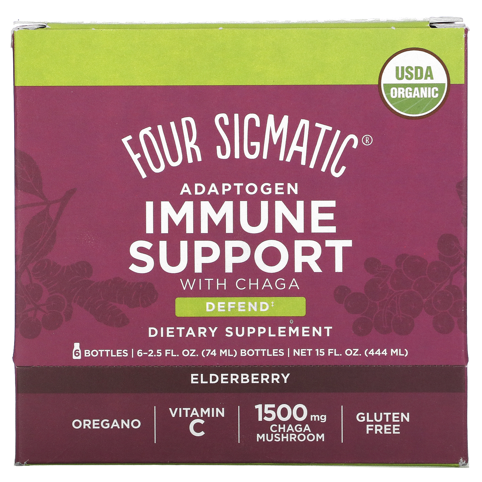 Four Sigmatic, Adaptogen Immune Support with Chaga, Elderberry, 6 Bottles, 2.5 fl oz (74 ml 