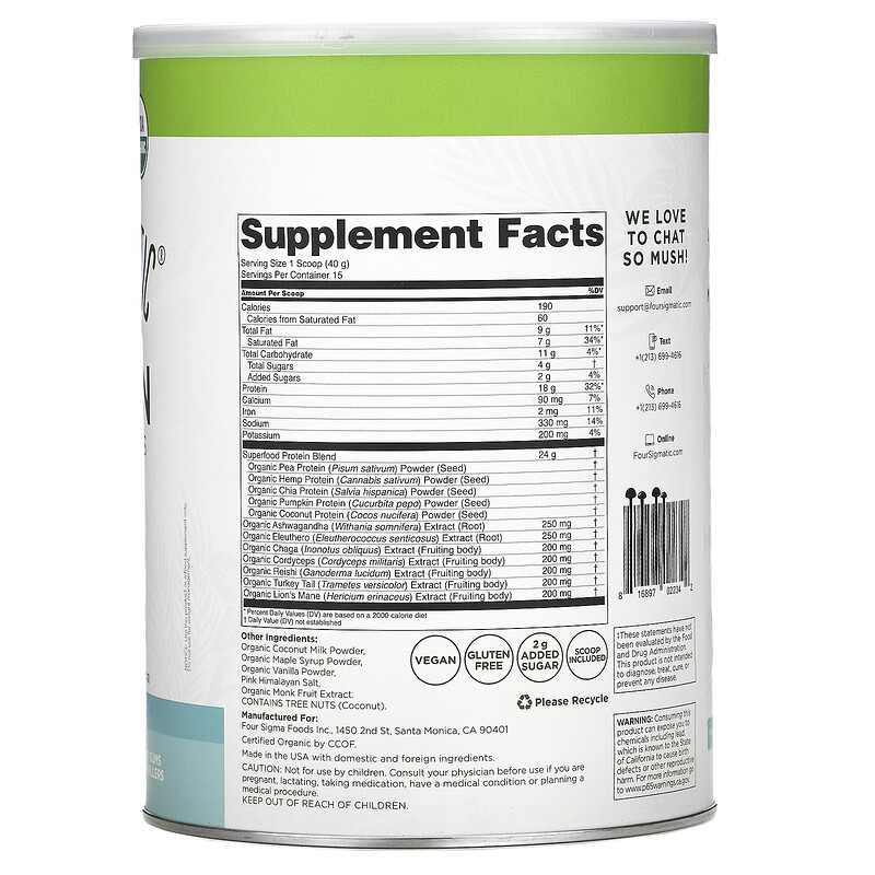 Four Sigmatic, PlantBased Protein with Superfoods, Sweet Vanilla, 1.32