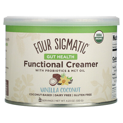 Four Sigmatic Функциональные сливки с пробиотиками и маслом MCT, для здоровья кишечника, ваниль и кокос, 120 г (4,23 унции)