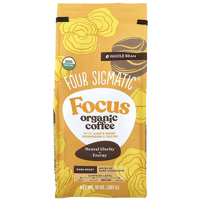 Product Image for Four Sigmatic, Focus, Organic Coffee with Lion's Mane Mushroom & Yacon, Whole Bean, Dark Roast, 10 oz (283 g)