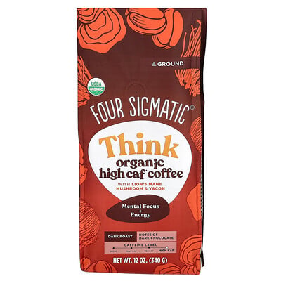 Product Image for Four Sigmatic, Think, Organic High Caf Coffee with Lion's Mane Mushroom & Yacon, Ground, Dark Roast, 12 oz (340 g)
