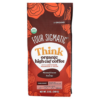 Four Sigmatic, Think, biologische high-cafeïnekoffie met leeuwenmanenpaddestoel en yacon, gemalen, donker gebrand, 340 g
