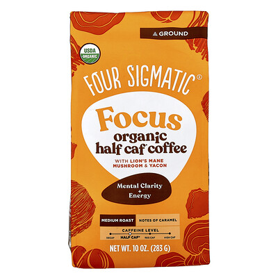 Product Image for Four Sigmatic, Focus, Organic Half Caf Coffee with Lion's Mane Mushroom & Yacon, Ground, Medium Roast, 10 oz (283 g)
