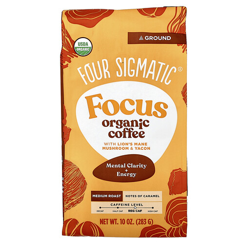 Four Sigmatic, Focus, Café orgánico con hongo melena de león y yacón, Molido, Tostado medio, 283 g (10 oz)