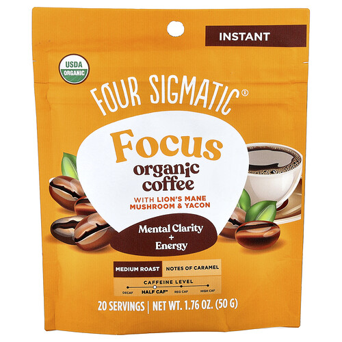Four Sigmatic, Focus, Organic Instant Coffee With Lion's Mane Mushroom & Yacon, Medium Roast, 1.76 oz (50 g)