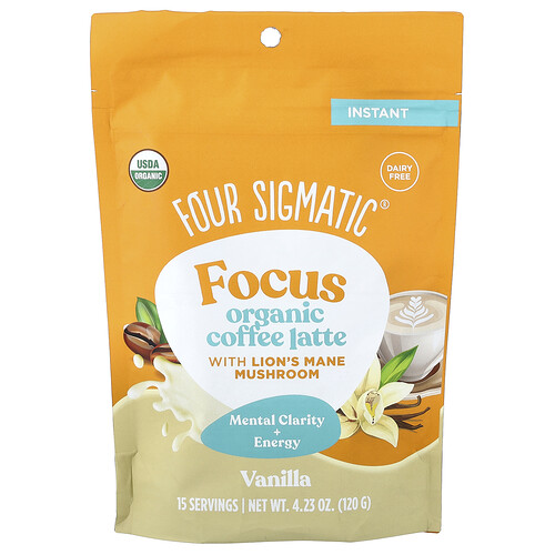 Four Sigmatic, Focus, Organic Instant Coffee Latte With Lion's Mane Mushroom, Vanilla, 4.23 oz (120 g)