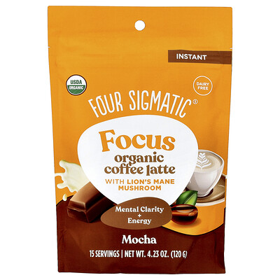 Four Sigmatic, Enfoque, Café latte instantáneo orgánico con hongo melena de león, Moca, 120 g (4,23 oz)