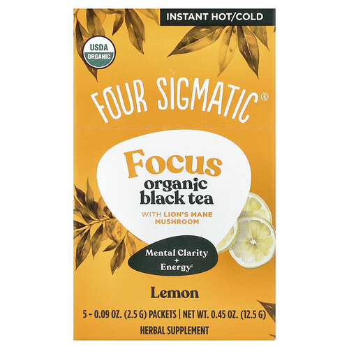 Four Sigmatic, Focus, Organic Black Tea With Lion's Mane Mushroom, Bio-Schwarzer-Tee mit Löwenmähne-Pilzen, Zitrone, 5 Päckchen, je 2,5 g (0,09 oz.)