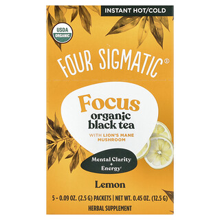 Four Sigmatic, Focus, biologische zwarte thee met leeuwenmanenpaddenstoel, citroen, 5 zakjes, 2,5 g per stuk