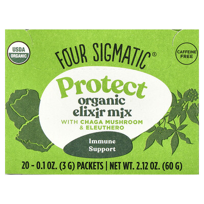 Product Image for Four Sigmatic, Protect, Organic Elixir Mix With Chaga Mushroom & Eleuthero, Caffeine Free, 20 Packets, 0.1 oz (3 g) Each