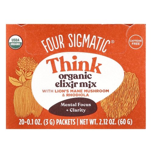 Four Sigmatic Think, Organic Elixir Mix With Lion's Mane Mushroom & Rhodiola, Caffeine Free, 20 Packets, 0.1 oz (3 g) Each