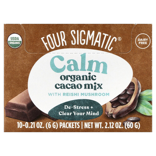 Four Sigmatic, Calm, Mezcla de cacao orgánico con hongo reishi para potenciar la calma, 10 sobres, 6 g (0,21 oz) cada uno