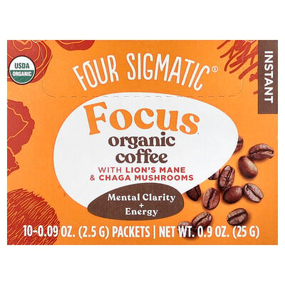 Product Image for Four Sigmatic, Focus, Instant Organic Coffee with Lion's Mane & Chaga Mushrooms, Medium Roast, 10 Packets, 0.09 oz (2.5 g) Each