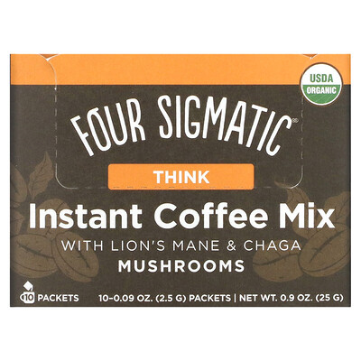 Four Sigmatic Растворимая кофейная смесь с грибами, ежовик гребенчатый и чага, улучшение когнитивных способностей, 10 пакетиков по 2,5г (0,09унции)