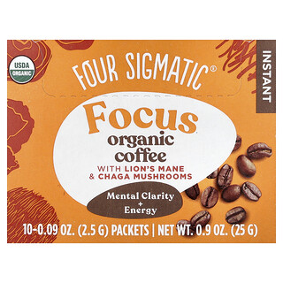 Four Sigmatic, 專注，速溶有機咖啡（含猴頭菇和白樺茸），中度烘焙，10 包，每包 0.09 盎司（2.5 克）