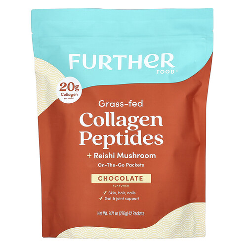 Further Food Grass-Fed Collagen Peptides + Reishi Mushroom, Chocolate, 12 Packets, 0.81 oz (23 g) Each