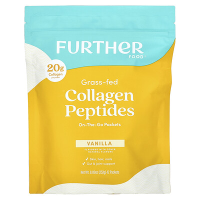 Product Image for Further Food, Grass-Fed Collagen Peptides, Vanilla, 12 Packets, 0.74 oz (21 g) Each