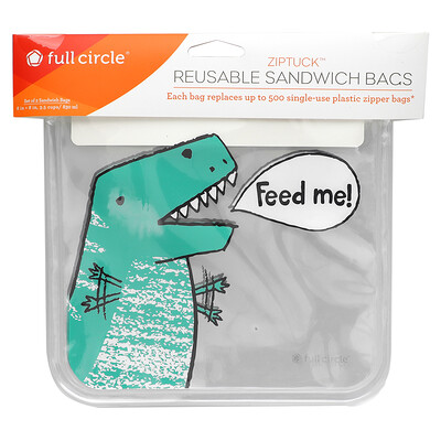 Full Circle ZipTuck Reusable Sandwich Bags Dinosaur 2 Bags