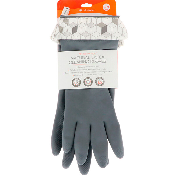 Full Circle‏, Splash Patrol, Natural Latex Cleaning Gloves, Size S/M, Grey, 1 Pair