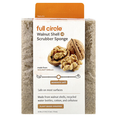 Full Circle, Esponja exfoliante con cáscara de nuez, 6 unidades