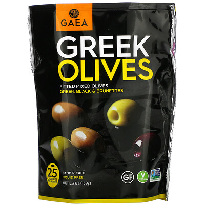 Gaea греческие оливки, смешанные оливки без косточек, зеленые, черные и коричневатые, 150 г (5,3 унции)