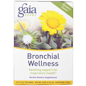 Gaia Herbs, Здоровье бронхов, без кофеина, 16 чайных пакетиков по 1,5 г 