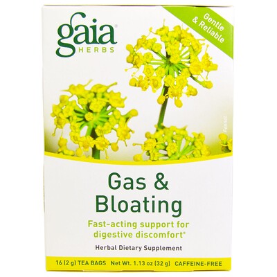 Gaia Herbs От газообразования и вздутия, без кофеина, 16 пакетиков, 1,13 унции (32 г)