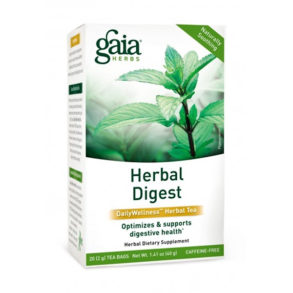 Gaia Herbs, Herbal Digest, DailyWellness Herbal Tea, Caffeine-Free, Peppermint, 20 Tea Bags, 1.41 oz (40 g) (Discontinued Item) 