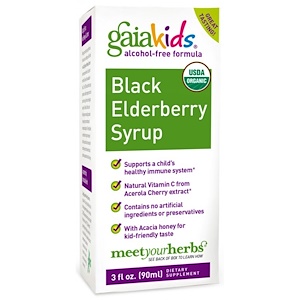 Gaia Herbs, Безалкогольный сироп из бузины черной для детей, 3 жидких унции (90 мл)