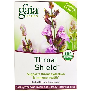 Gaia Herbs, Throat Shield, чай для горла, без кофеина, 16 пакетиков, 1,02 унции (28,8 г)