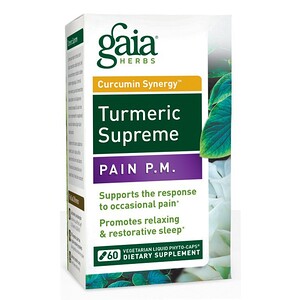 Gaia Herbs, Turmeric Supreme, против ночных болей, 60 вегетарианских гелевых фито-капсул