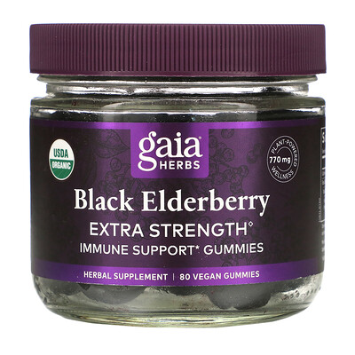 Gaia Herbs Black Elderberry Extra Strength Immune Support Gummies, 80 Vegan Gummies