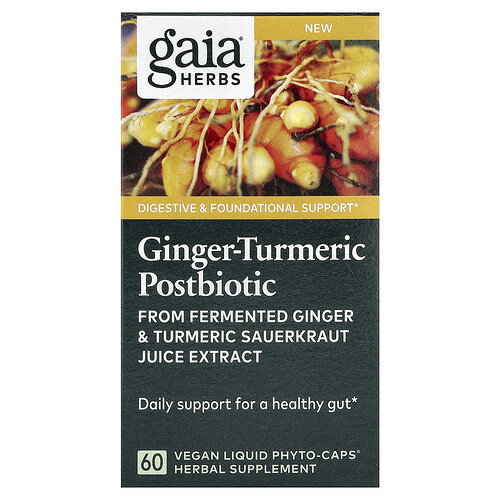 Gaia Herbs Ginger-Turmeric Postbiotic, 60 Vegan Liquid Phyto-Caps (0.6 g per Cap)