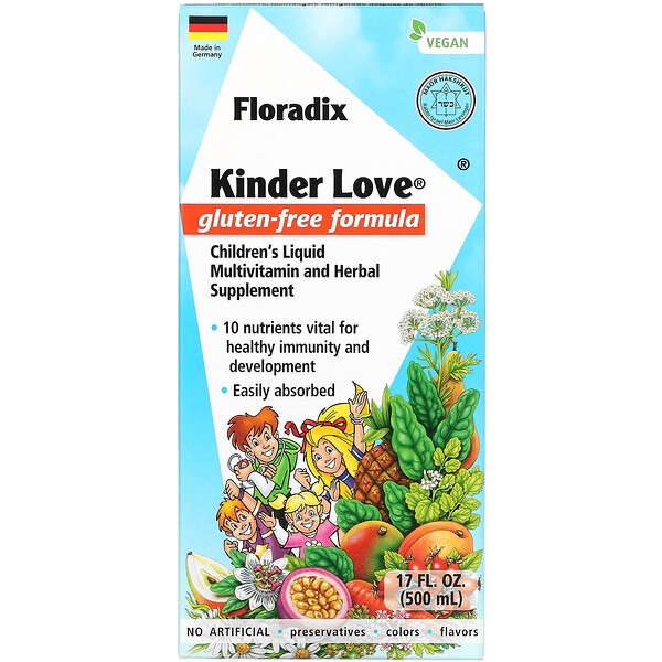 Gaia Herbs, Floradix, Kinder Love, жидкая мультивитаминная и травяная добавка для детей, без глютена, 500 мл (17 жидк. Унций)