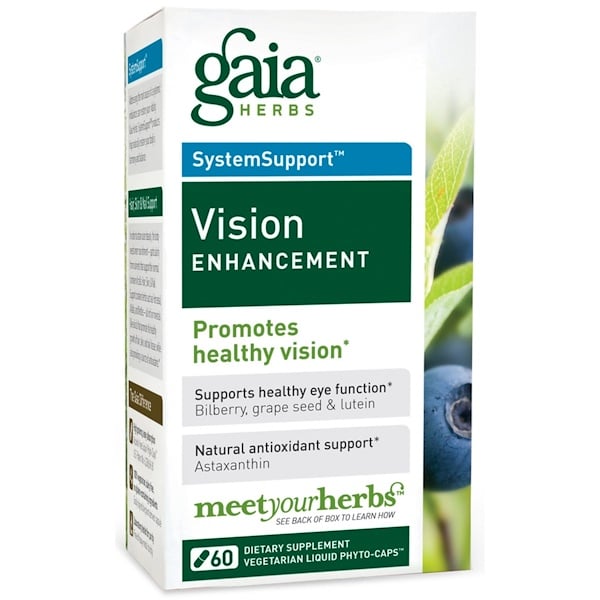 Gaia Herbs, システムサポート、視力強化、60ベジタリアン液体フィトキャップ