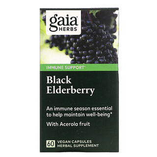 Gaia Herbs, ブラックエルダーベリー、アセロラフルーツ、ヴィーガンカプセル60粒