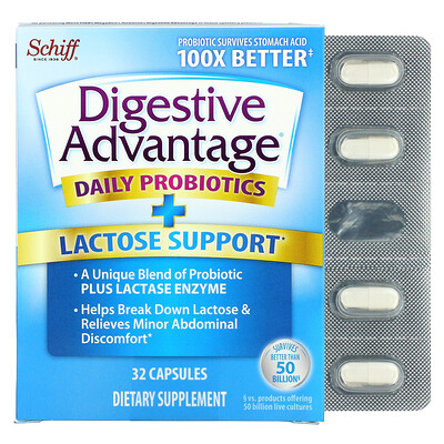 Schiff Digestive Advantage пробиотик с лактазой для ежедневного применения 32 капсулы