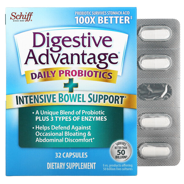 Schiff, Digestive Advantage, ежедневные пробиотики, интенсивная поддержка кишечника, 32 капсулы
