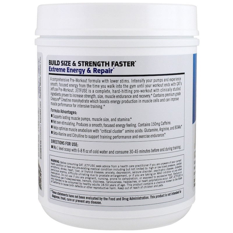 GAT, Jetfuse PreWorkout, Blue Raspberry, 22.2 oz (63 g GAT, Jetfuse PreWorkout, Blue Raspberry, 22.2 oz (63 g