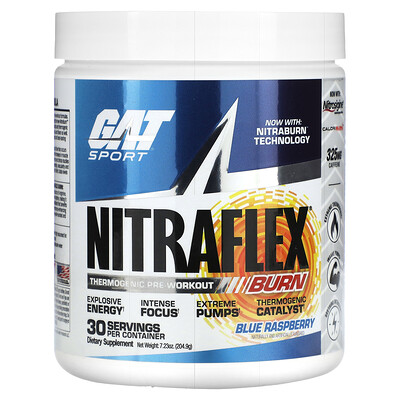 

GAT Sport, NITRAFLEX Burn, голубая малина, 204,9 г (7,23 унции)