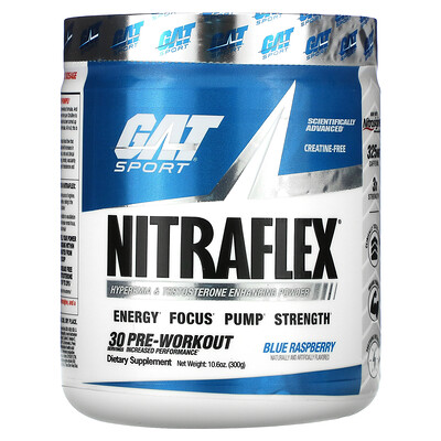 

GAT Sport, NITRAFLEX, голубая малина, 300 г (10,6 унции)