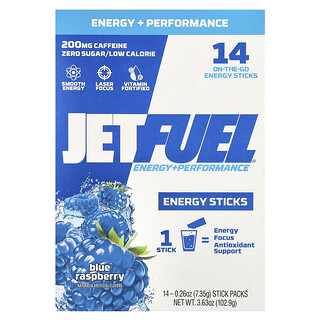 GAT, JetFuel® Energy + Performance, Energy Sticks, Energie-Sticks, Blaue Himbeere, 14 Sticks, je 7,35 g (0,26 oz.).