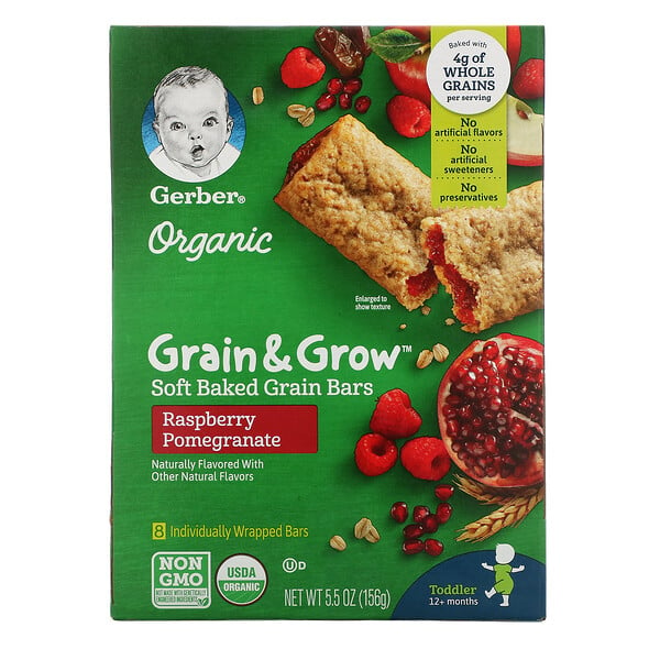 Gerber, Organic, Grain & Grow, Soft Baked Grain Bars, 12+ Months, Raspberry Pomegranate, 8 Individually Wrapped Bars