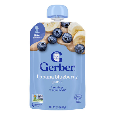 Gerber, 2nd Foods®, Puré, Sitter, Suplemento de plátano y arándano azul, 99 g (3,5 oz)