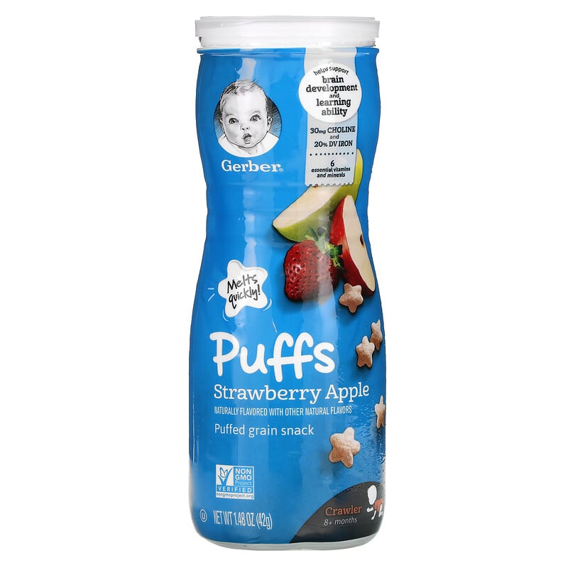 Gerber, Puffs, Puffed Grain Snack, 8+ Months, Strawberry Apple, 1.48 oz ...