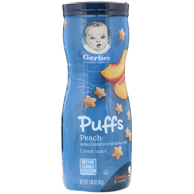 Gerber Снек Puffs с хлопьями, для младенцев, умеющих ползать (в возрасте от 8 месяцев), со вкусом персика, 42 г (1,48 унции)