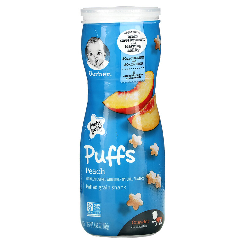 Gerber, Puffs, Puffed Grain Snack, 8+ Months, Peach, 1.48 oz (42 g) - iHerb