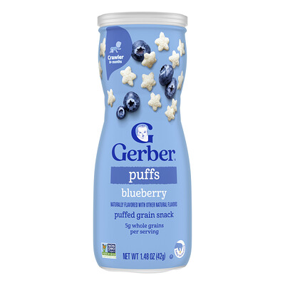 Gerber, Bocadillos, Bocadillo de cereales inflados, 8 meses en adelante, Arándano azul, 42 g (1,48 oz)