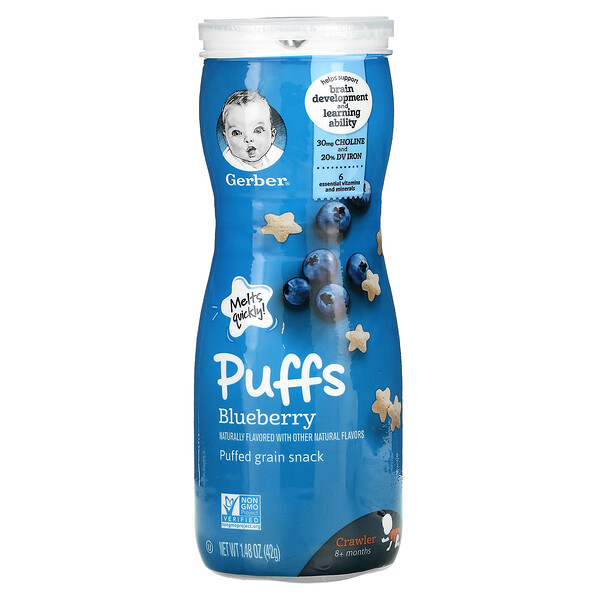 Gerber‏, Puffs, Puffed Grain Snack, 8+ Months, Blueberry, 1.48 oz (42 g)